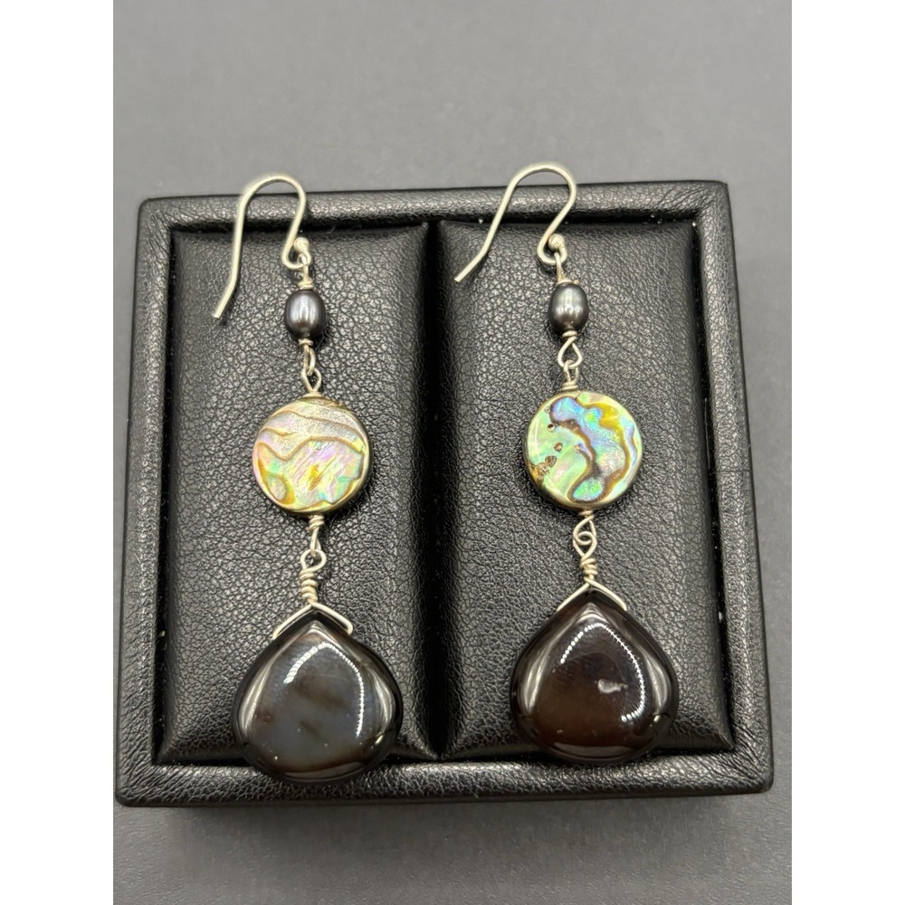 Vintage Sterling Silver Onyx Mother Pearl Dangle Earrings 925 E11